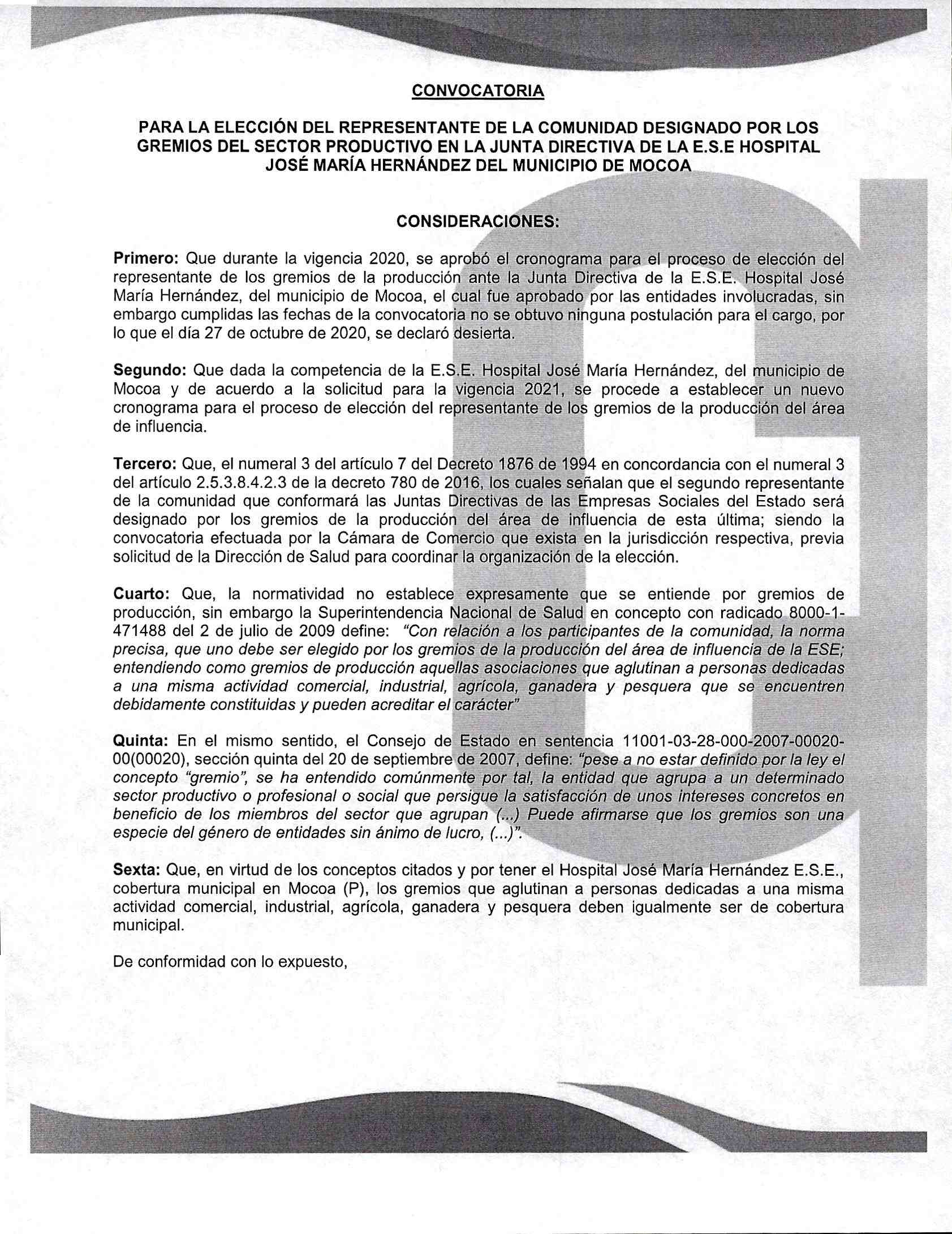 CONVOCATORIA ELECCION REPRESENTANTE GREMIO DE SECTOR PRODUCTIVO JUNTA DIRECTIVA HOSPITAL MOCOA